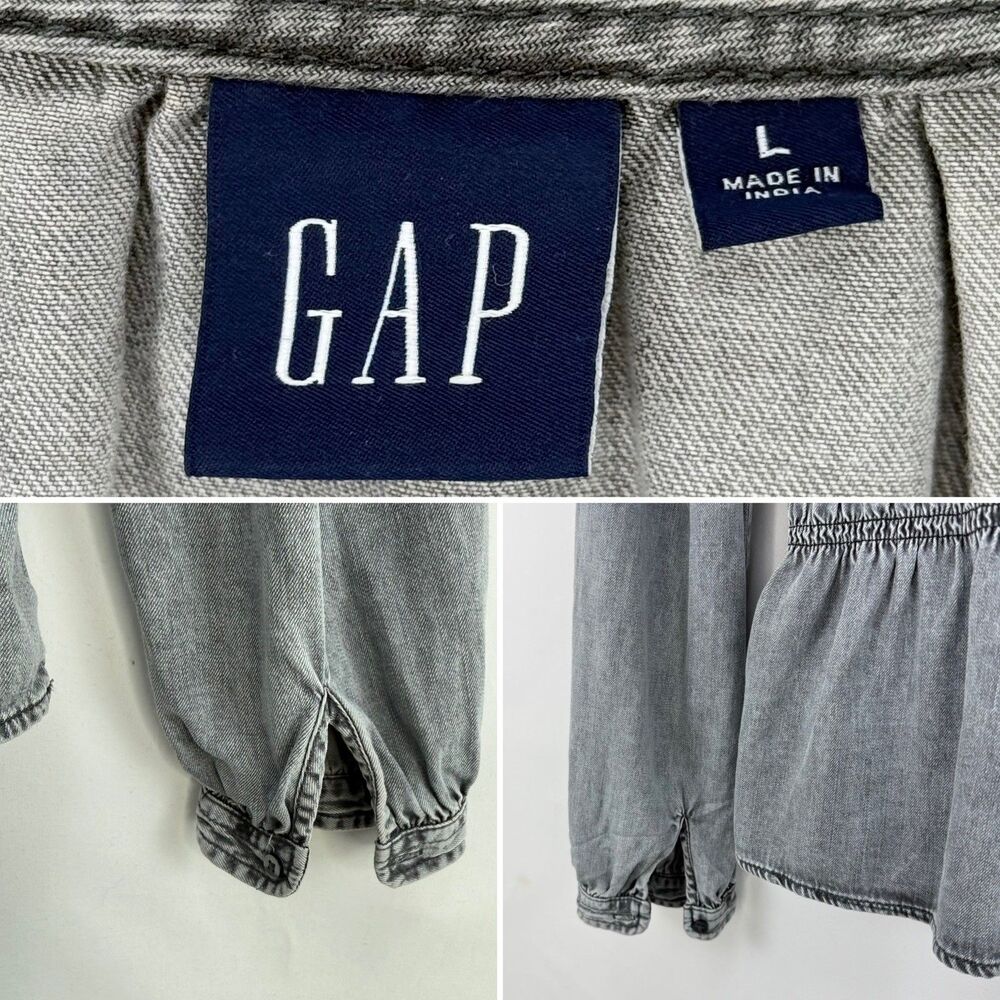 GAP Women’s Gray Denim Blouse V-Neck Smocked Waist Puff Long Sleeve Size L - Picture 10 of 16
